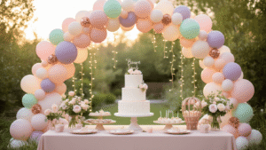 Whimsical outdoor garden party for a first birthday celebration, featuring a pastel balloon arch, a 3-tier white birthday cake, vintage hot air balloon centerpieces, fairy lights, and a handcrafted "1" balloon sculpture, all bathed in golden hour lighting.