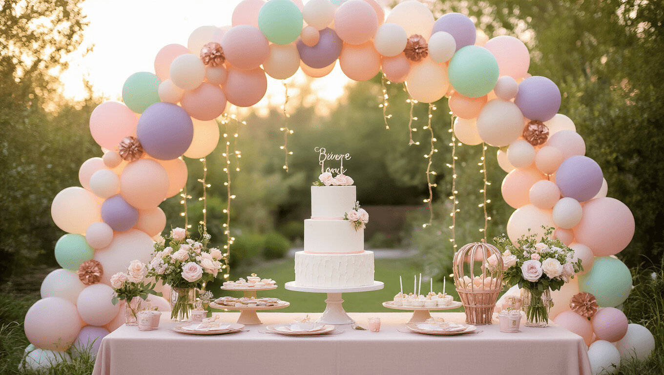Whimsical outdoor garden party for a first birthday celebration, featuring a pastel balloon arch, a 3-tier white birthday cake, vintage hot air balloon centerpieces, fairy lights, and a handcrafted "1" balloon sculpture, all bathed in golden hour lighting.