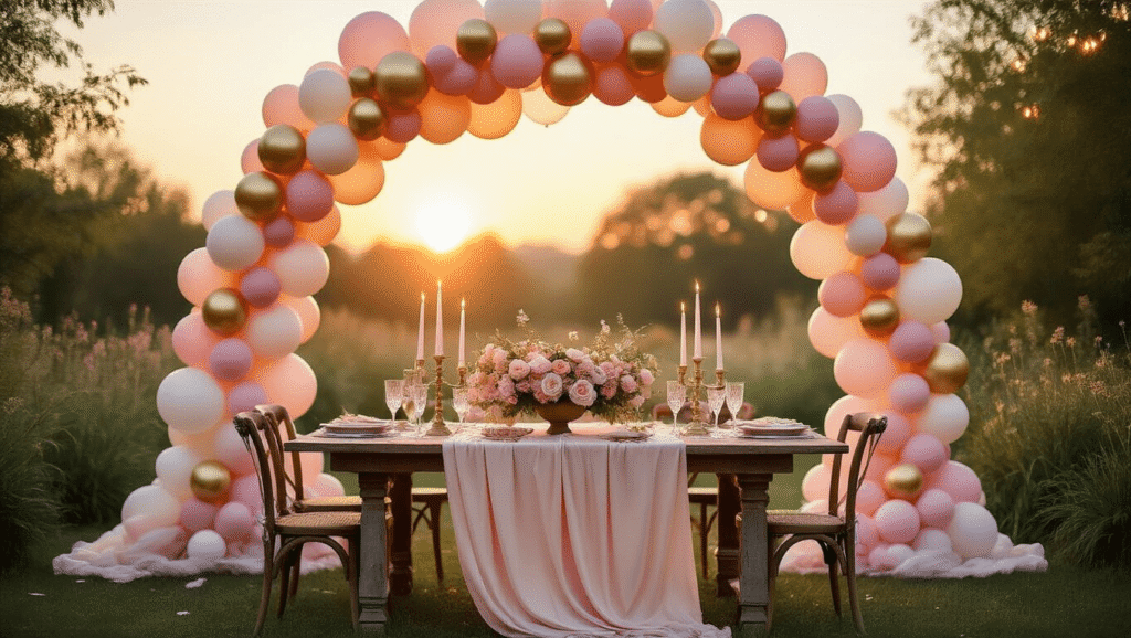 Photorealistic wide shot of an enchanted garden party at sunset, featuring a dramatic ombré balloon arch in blush pink and gold, a rustic farmhouse table with soft pink silk cloth, vintage candelabras, pastel flowers, mismatched chairs, and soft bokeh from string lights, all illuminated by warm golden light.