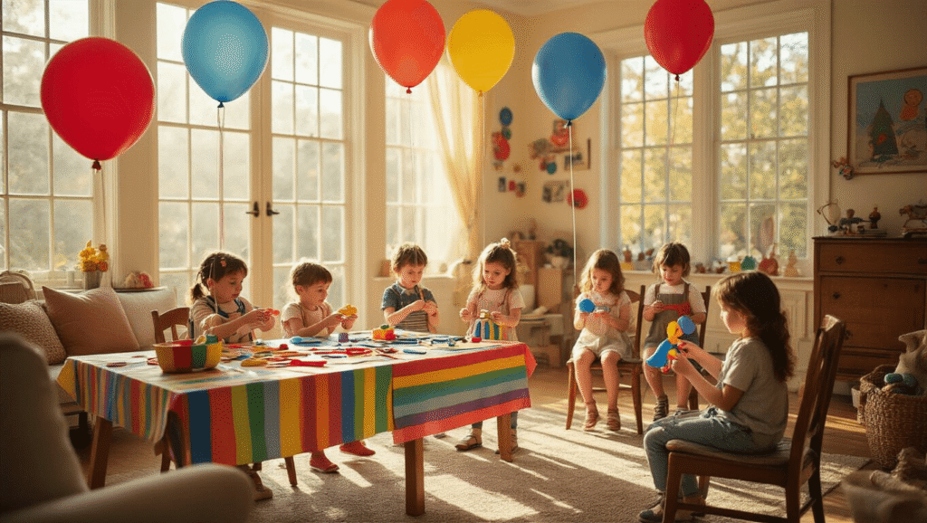 A whimsical living room transformed into a magical parade celebration with a DIY puppet-making station, oversized helium balloons, and a cozy reading nook, all bathed in warm, golden sunlight.