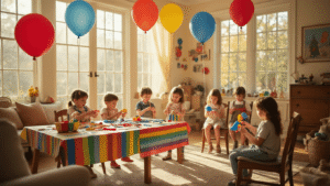 A whimsical living room transformed into a magical parade celebration with a DIY puppet-making station, oversized helium balloons, and a cozy reading nook, all bathed in warm, golden sunlight.