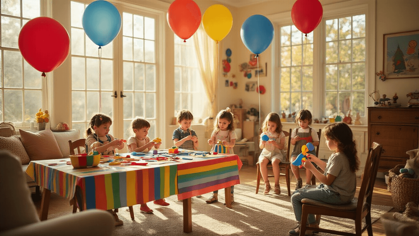 A whimsical living room transformed into a magical parade celebration with a DIY puppet-making station, oversized helium balloons, and a cozy reading nook, all bathed in warm, golden sunlight.