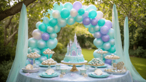 Magical Mermaid Birthday Party: Your Ultimate Guide to an Underwater Celebration A whimsical outdoor garden party setup featuring an iridescent balloon arch, dessert table with an underwater castle cake, and children in sparkly mermaid costumes amidst rose gold balloons and bubble machines, all captured in soft golden hour lighting.