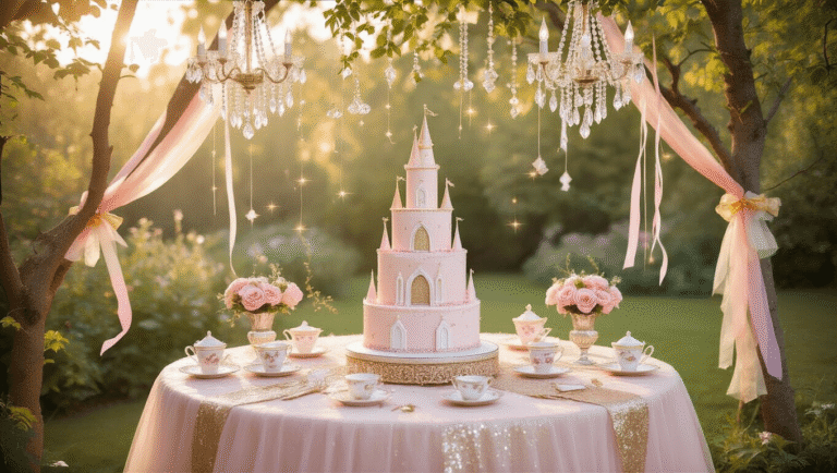 A whimsical garden party scene featuring a grand circular table with a blush pink tulle tablecloth and gold sequined runner, adorned with a three-tiered princess castle cake, vintage teacups with pink roses, and magical wands. Little girls in sparkly dresses twirl among pastel balloons, with crystal chandeliers hanging from trees draped in fairy lights, all illuminated by soft golden hour sunlight.