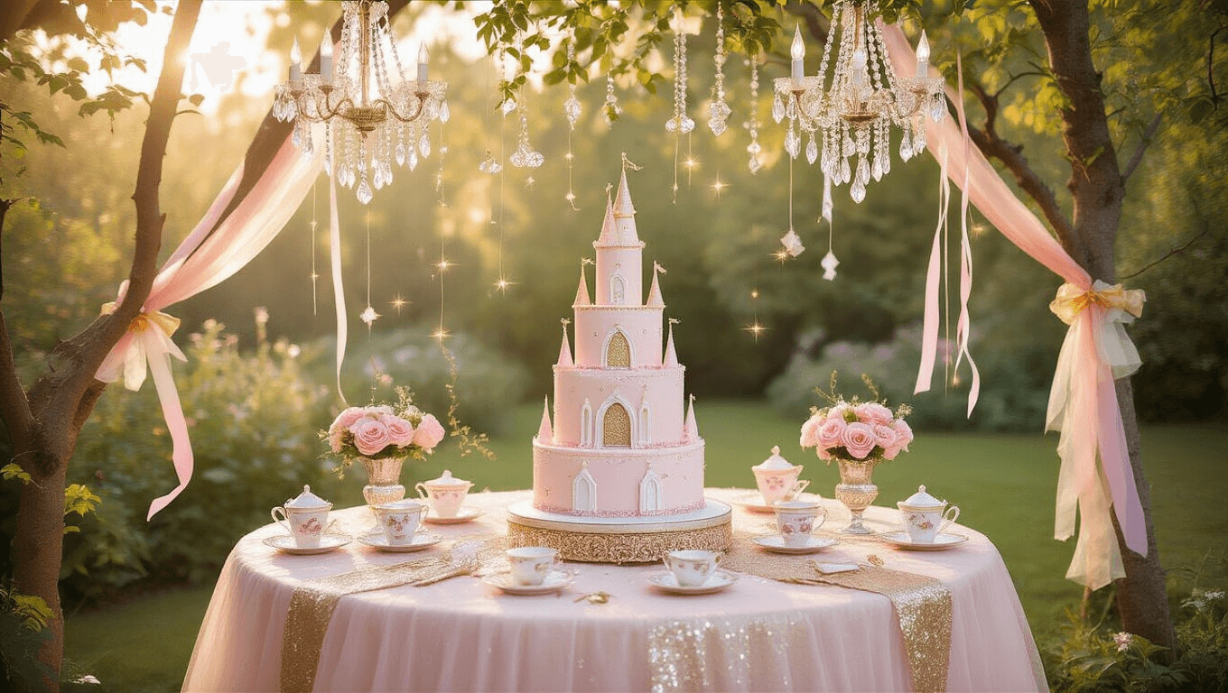 A whimsical garden party scene featuring a grand circular table with a blush pink tulle tablecloth and gold sequined runner, adorned with a three-tiered princess castle cake, vintage teacups with pink roses, and magical wands. Little girls in sparkly dresses twirl among pastel balloons, with crystal chandeliers hanging from trees draped in fairy lights, all illuminated by soft golden hour sunlight.
