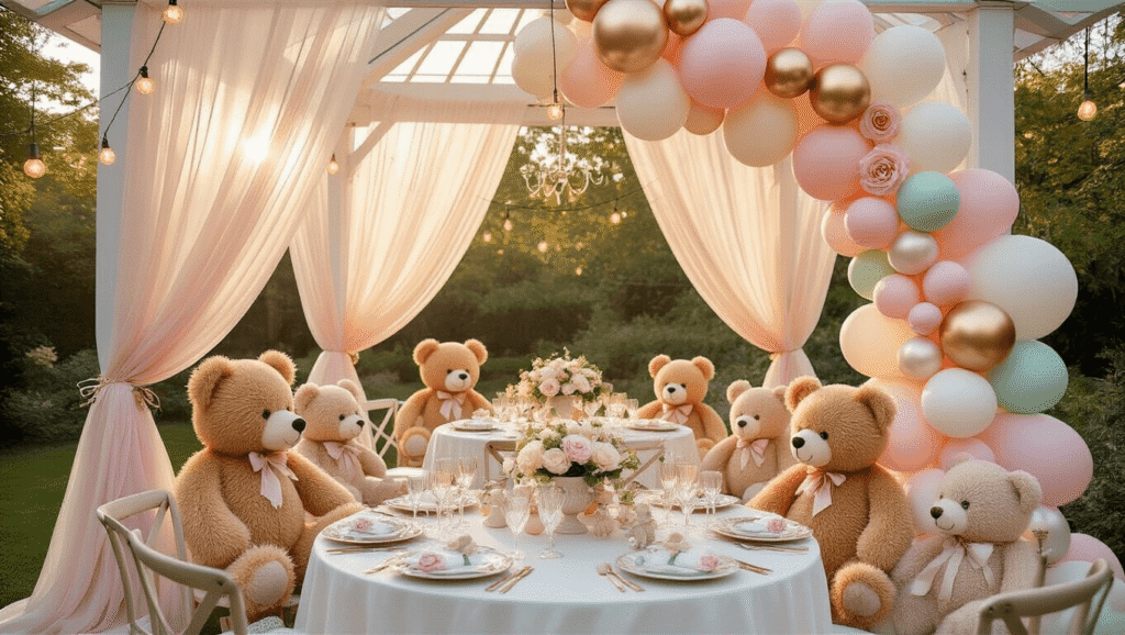 A dreamy garden party featuring plush teddy bears, pastel balloon arch, elegant tables with vintage china, and a dessert cart with a tiered cake, all bathed in golden hour light.