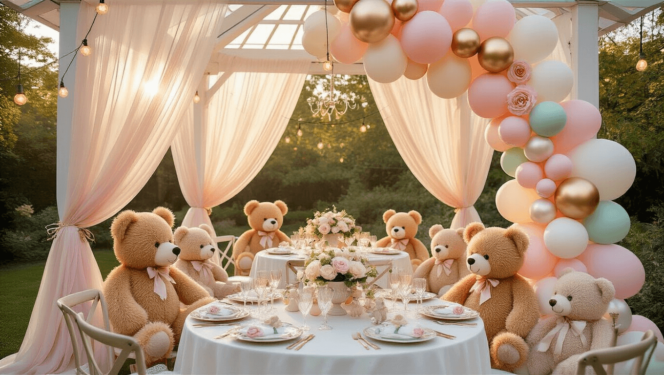A dreamy garden party featuring plush teddy bears, pastel balloon arch, elegant tables with vintage china, and a dessert cart with a tiered cake, all bathed in golden hour light.