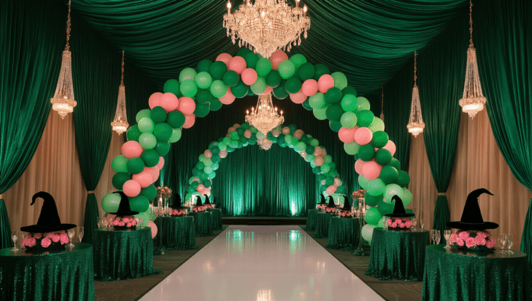 A grand Emerald City-themed ballroom filled with emerald green velvet drapes, crystal chandeliers, and a spectacular balloon arch. Elegant tables adorned with witch hat centerpieces and shimming sequined tablecloths, featuring a stunning 4-tier emerald ombré cake. Vintage gold frames display Wicked show posters, with "Defying Gravity" in gold calligraphy on a backdrop. Fog machines and fairy lights enhance the magical atmosphere.