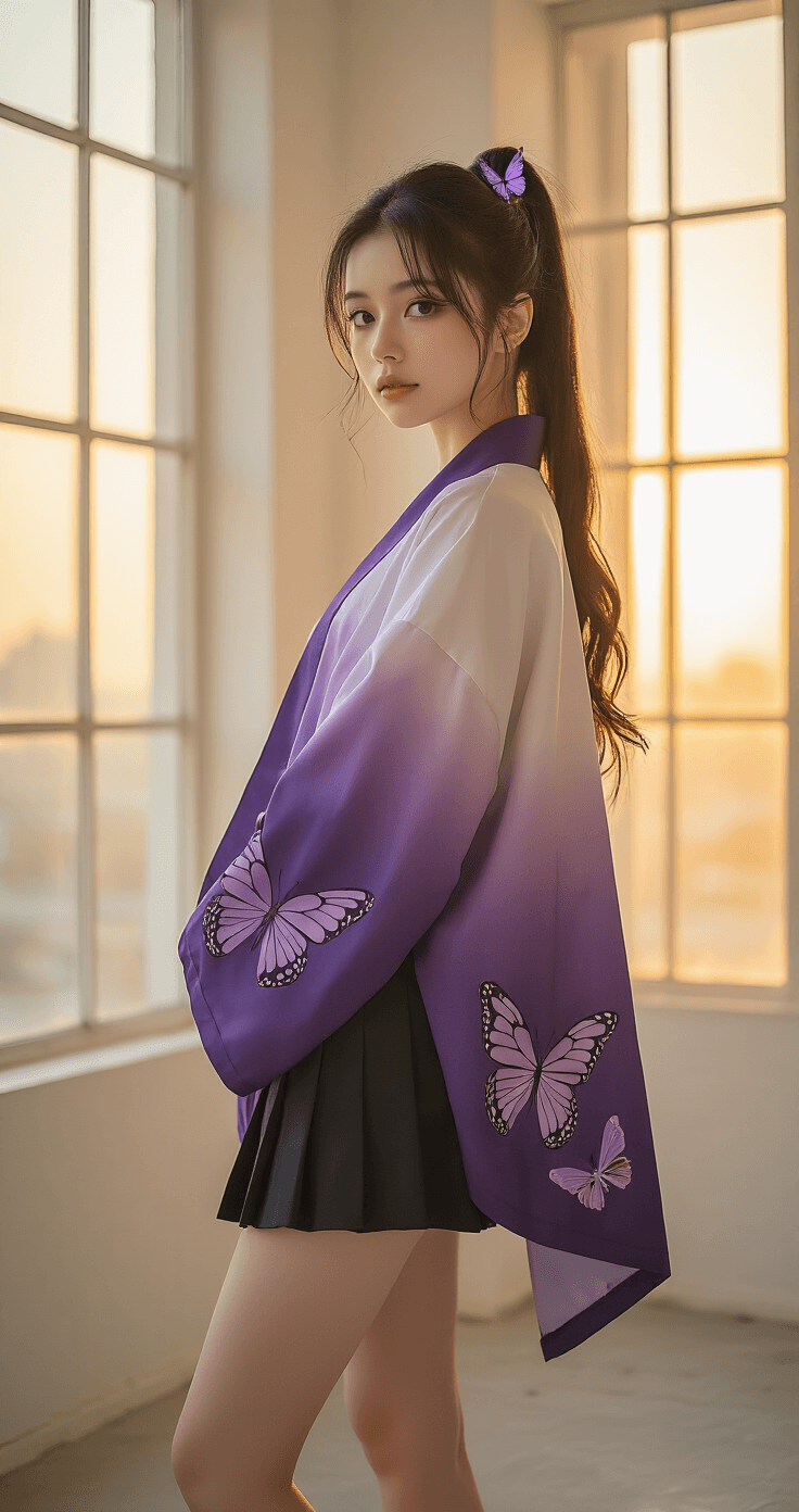 A young woman confidently poses in a minimalist studio during golden hour, wearing a flowing purple-to-white ombre haori jacket adorned with butterfly wing patterns over a fitted black uniform-style outfit. Her black-to-purple gradient hair is styled in a high ponytail with butterfly accessories, all illuminated by warm natural light streaming through large windows, highlighting the fabric textures against a clean white backdrop.