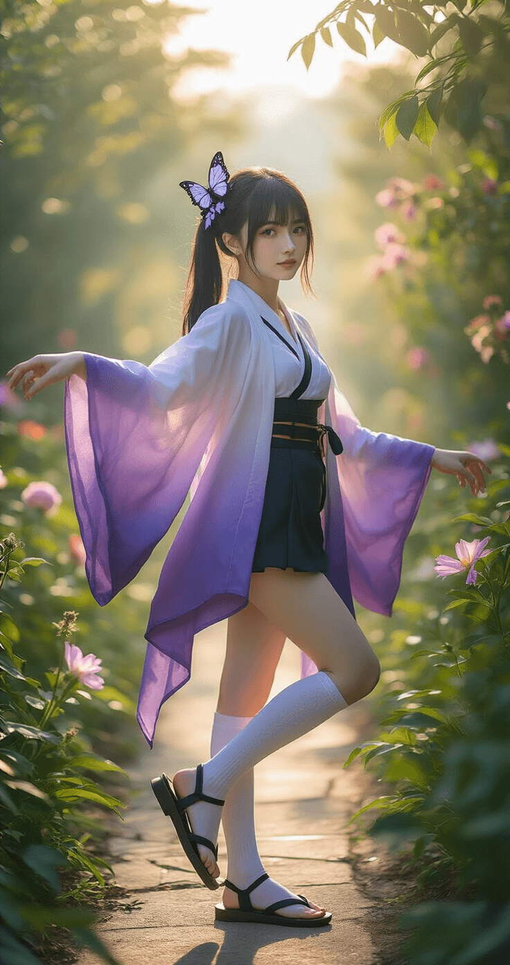 A young woman poses dynamically in a blooming garden, wearing a butterfly-themed costume with purple gradient haori sleeves, layered textures, and a black-to-lavender ombre ponytail adorned with butterfly clips, all captured in soft morning light.
