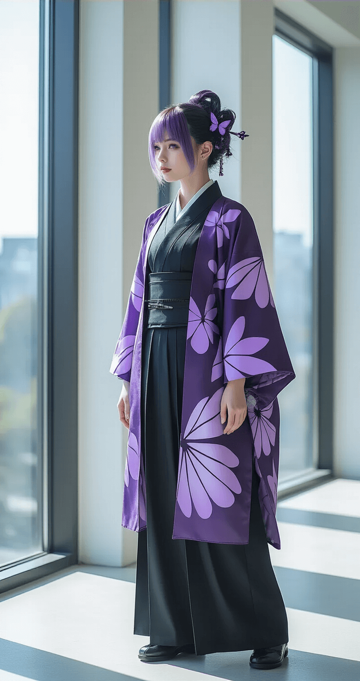 A young woman poses in a modern minimalist space, wearing a flowing butterfly-patterned haori over a fitted black uniform, with a styled gradient purple-to-white wig and metallic butterfly clips. Dramatic side lighting from tall windows highlights the textures and proportions of her costume, capturing the elegant ensemble at a three-quarter angle.