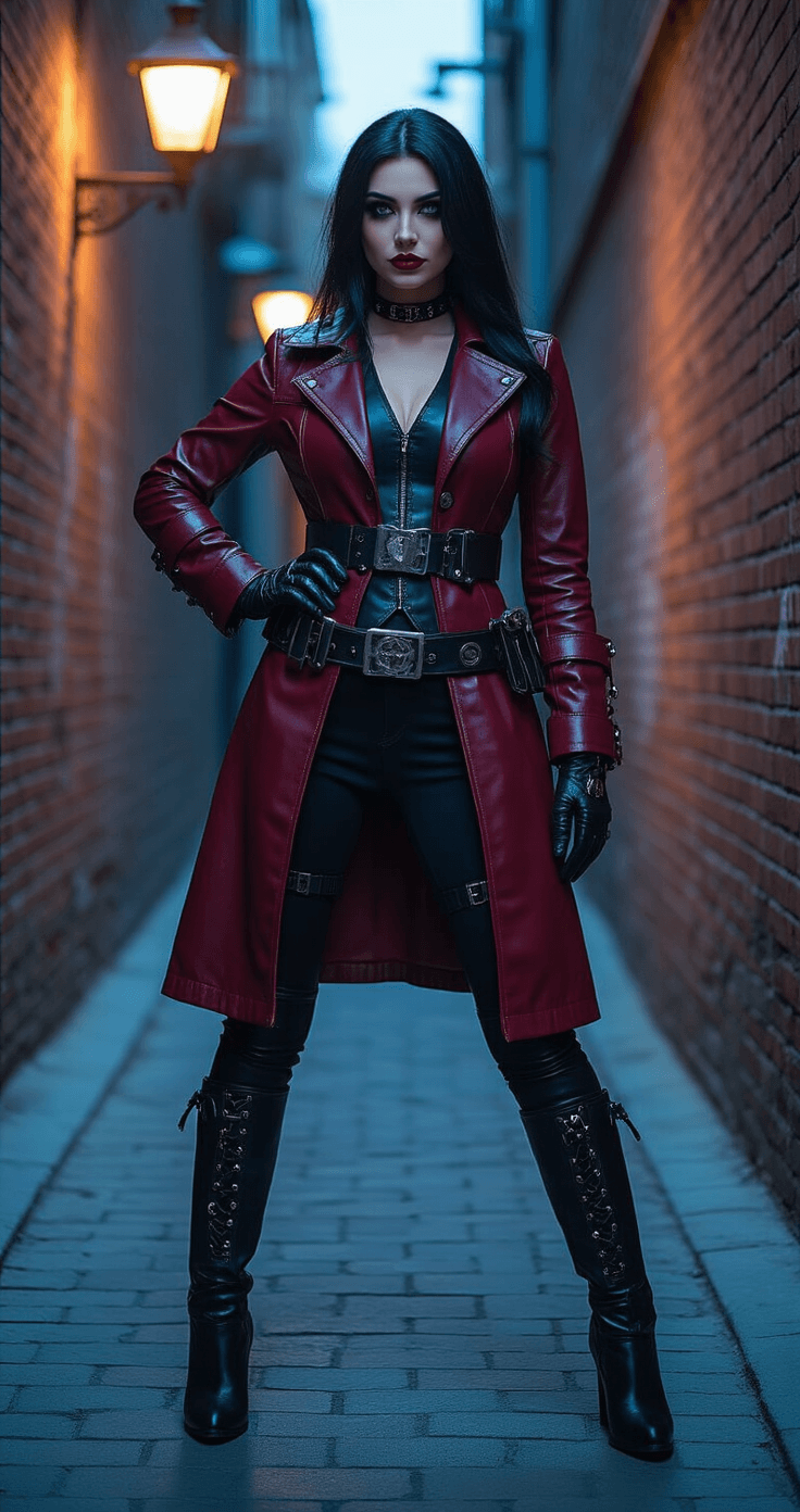 The Best Cosplay Examples in 2025: What Makes These Costumes Stand Out A female cosplayer in a dramatic pose in an urban alley during blue hour, wearing a custom burgundy leather coat, fitted black pants, and metallic-detail knee-high boots, with bold makeup and hand-crafted accessories, embodying a gender-bent classic villain.