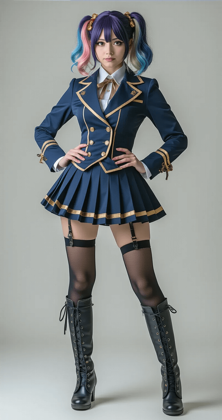 The Best Cosplay Examples in 2025: What Makes These Costumes Stand Out A confident woman poses in a minimalist photography studio, showcasing her detailed anime cosplay with a fitted navy blue jacket, pleated skirt, thigh-high stockings, and custom boots. Her vibrant wig and impeccable makeup bring the character to life, illuminated by professional soft lighting that highlights the intricate costume details.