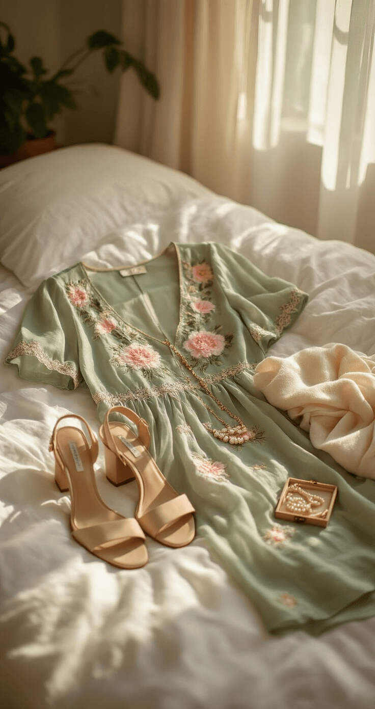 Close-up shot of a sunlit bedroom featuring a sage green floral embroidered maxi dress with an ivory sheer overlay, nude block heel sandals, a delicate gold chain necklace, and seamless nude undergarments, arranged on white linen bedding. Morning light casts soft shadows over textured embroidery decorated with pink peonies and gold threading. A vintage jewelry box with pearl stud earrings and a folded cream cashmere wrap add to the thoughtful garden party outfit layout, capturing a relaxed, cozy atmosphere.