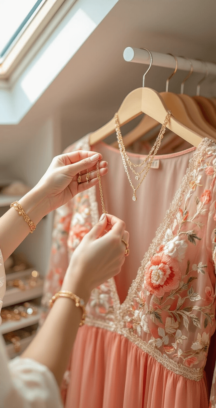 Close-up view of hands selecting necklaces against a coral pink floral embroidered maxi dress in a softly lit walk-in closet, showcasing organized jewelry items like gold stud earrings and delicate bracelets, emphasizing warm coral, gold, and cream tones.