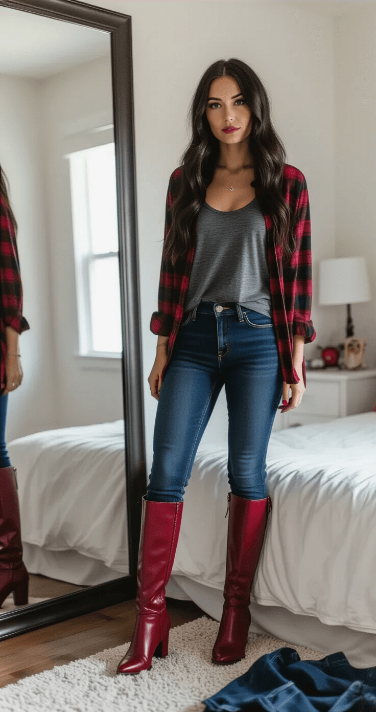 Marceline Cosplay: How I Nailed the Vampire Queen's Look (And You Can Too!) A stylish woman in a minimalist bedroom, dressed in a Marceline-inspired outfit with a charcoal gray tank top, burgundy plaid flannel, deep blue skinny jeans, and striking red knee-high leather boots, poses confidently near a full-length mirror during golden hour. Long black hair cascades over her shoulders, with soft textures of leather, denim, and flannel evident. Clothes are laid across a white bedspread, and vampire fang accessories adorn the nightstand, capturing a rock-star aesthetic.