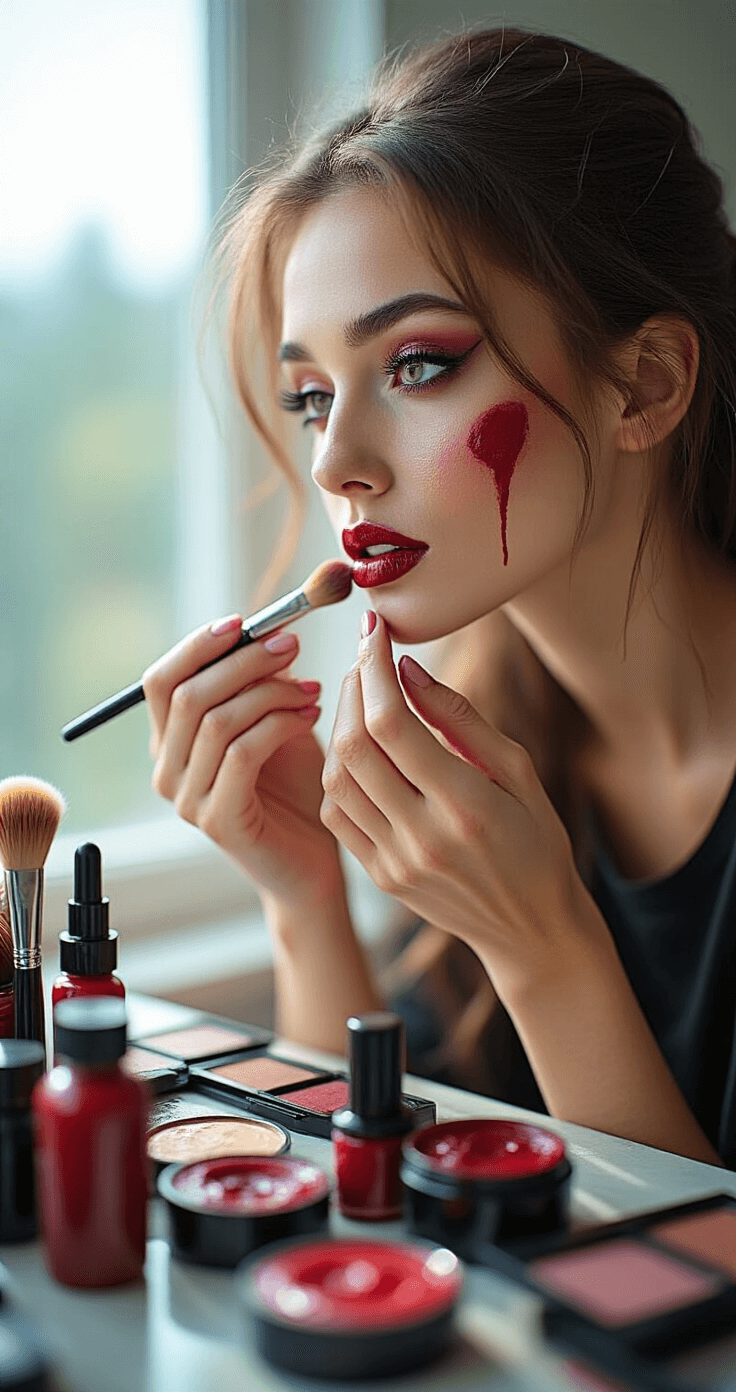 Close-up of a woman applying SFX makeup at a well-lit vanity, showcasing her careful blending of burgundy and black cream products around her mouth, with professional brushes and fake blood in the background.