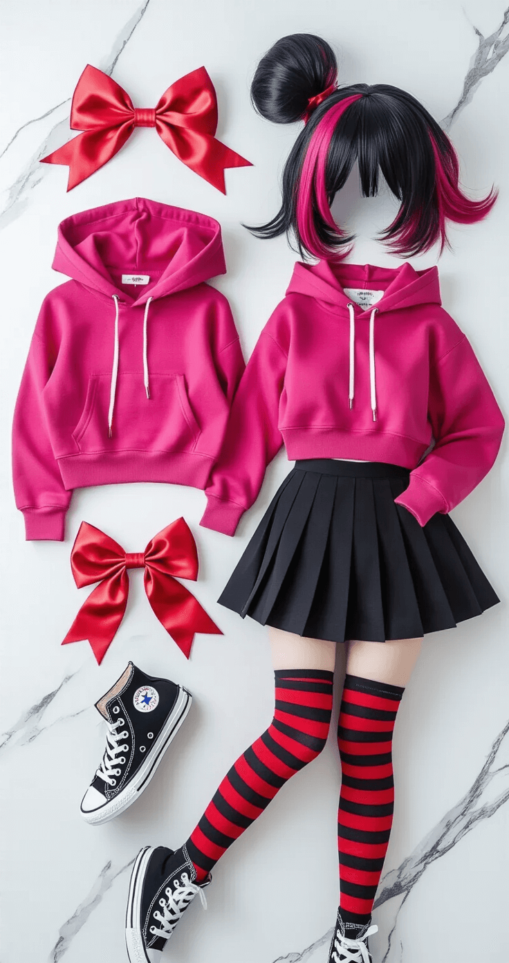 A visually striking fashion flat lay on a white marble surface featuring a complete Nina cosplay outfit: a fuchsia hoodie, a black pleated skirt, neatly folded red-striped thigh-high socks, and classic Converse shoes, complemented by a red satin bow and a dark wig with magenta streaks, all arranged artfully with bright, even lighting.