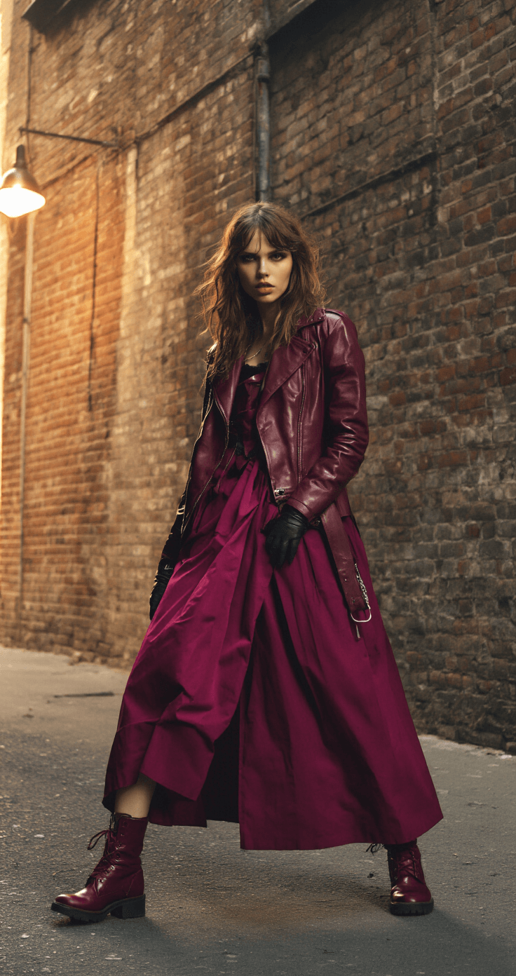 A model in a complete Nina the Killer costume poses dramatically in an urban industrial setting during golden hour, showcasing layered costume elements and intense expressions against weathered brick walls and soft streetlamp glow.