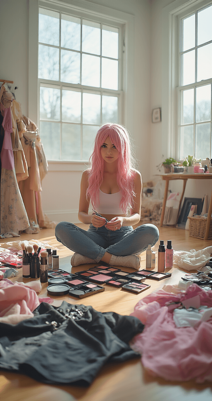 A woman sits cross-legged on a clean wooden floor in a bright studio, surrounded by organized makeup supplies and costume pieces in soft pastels and bold colors, with SFX products and wig styling tools scattered around her. Natural daylight streams through large windows, highlighting the creative chaos in a documentary-style wide-angle perspective.