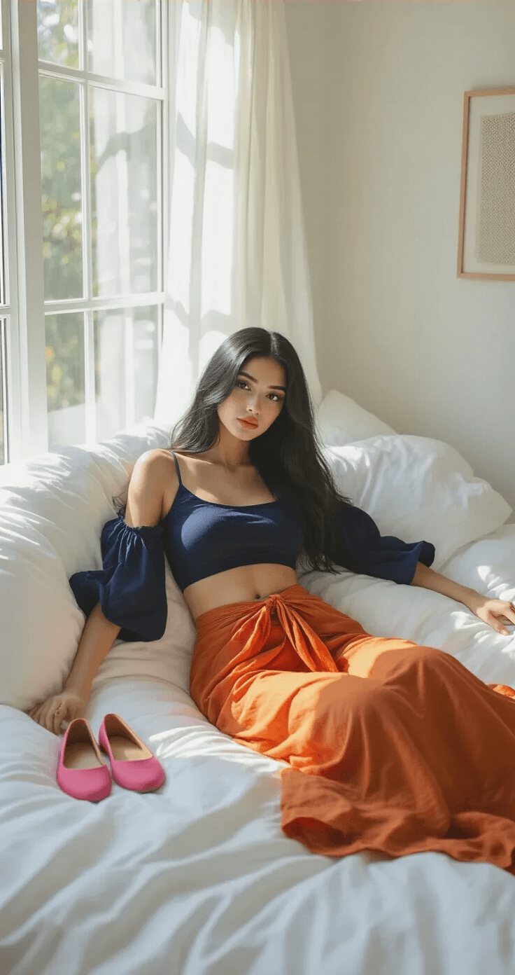 A cozy bedroom morning scene featuring a navy blue cropped top and terracotta orange sarong laid flat on crisp white bedding, adorned with a black long straight wig and pink flats, all illuminated by soft natural light from large windows.