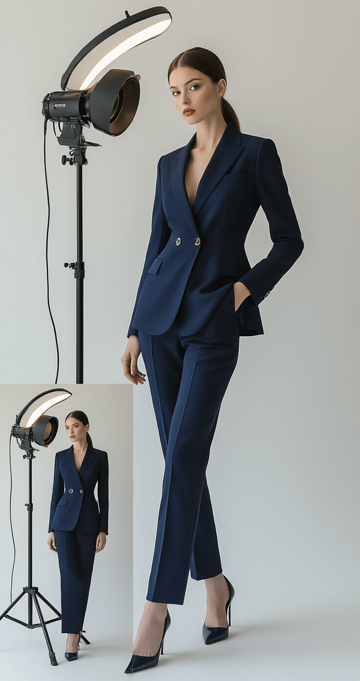 A model poses in a minimalist studio wearing a post-timeskip Robin inspired outfit, featuring structured pieces in rich navy and deep jewel tones. The elegant tailoring highlights fitted silhouettes against a clean white backdrop, with professional ring lighting enhancing the high-end fashion aesthetic. The model exudes quiet strength with a mysterious slight smile.