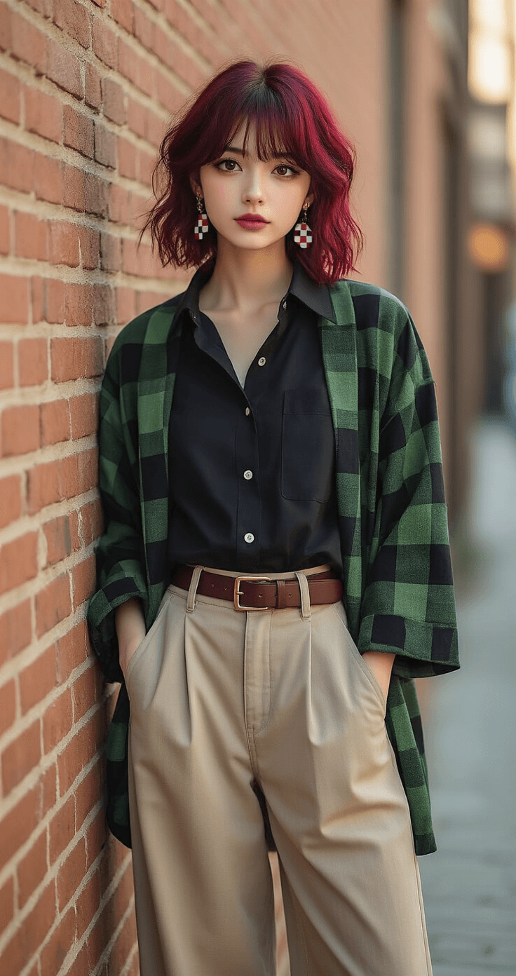 A young woman in an oversized black button-up shirt and wide-leg pants poses against a brick wall during golden hour. She wears a green-black checkered haori jacket draped over her shoulders and has a burgundy wig with tousled layers. Hanafuda earrings catch the sunlight, with a color palette of deep blacks, forest greens, and warm burgundy accents. The image is captured at eye level with a shallow depth of field, emphasizing a cinematic anime-inspired street style aesthetic.
