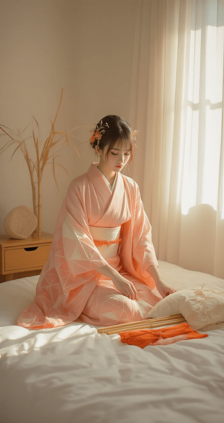 A female model styling a pink gradient kimono on white bedding, bathed in morning light, with delicate bamboo hair accessories and an orange-tipped wig on the nightstand, showcasing soft textures and a dreamy atmosphere.