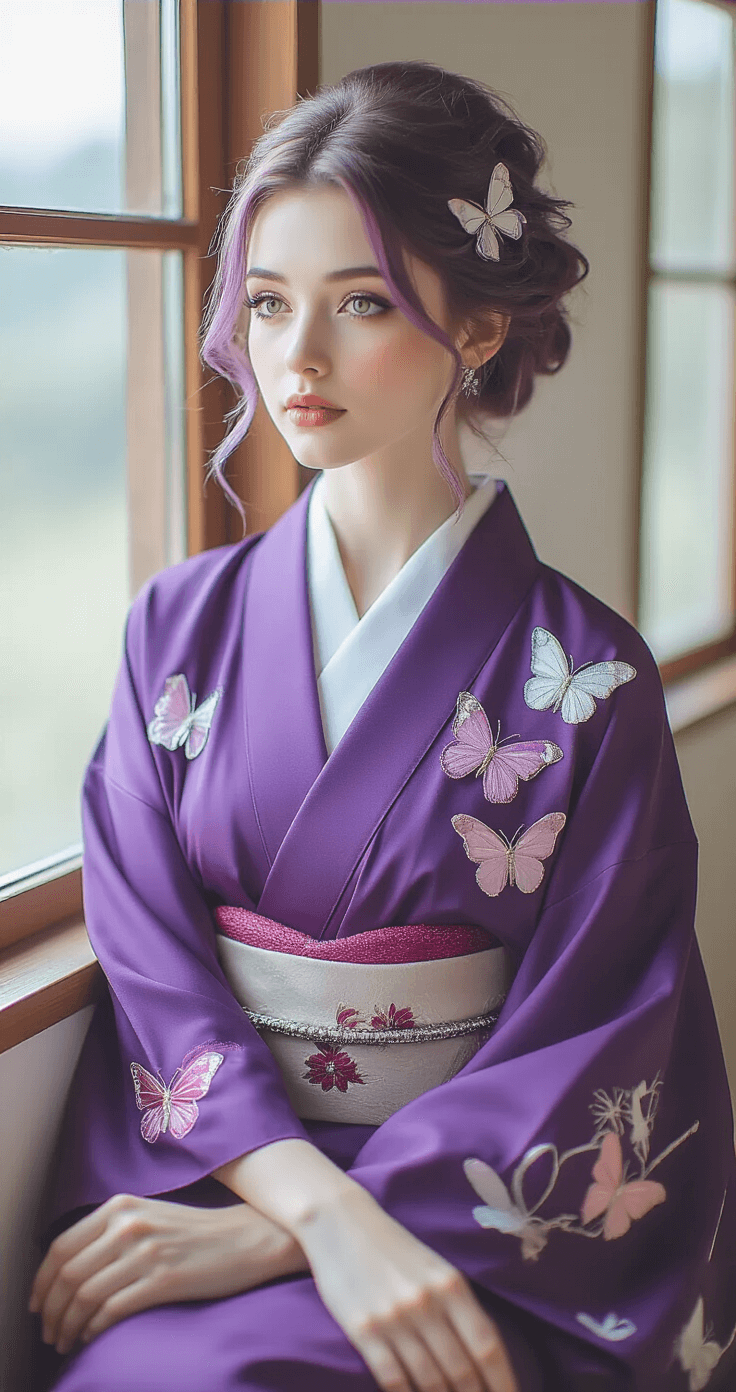 A woman in a flowing purple haori with butterfly appliques sits gracefully by a large window, illuminated by natural light. Her gradient purple-pink wig is styled in a neat bun, adorned with delicate butterfly hair clips. The scene showcases deep purples and soft pinks, complemented by silver accessories, capturing her serene expression and the elegance of traditional Japanese fashion.