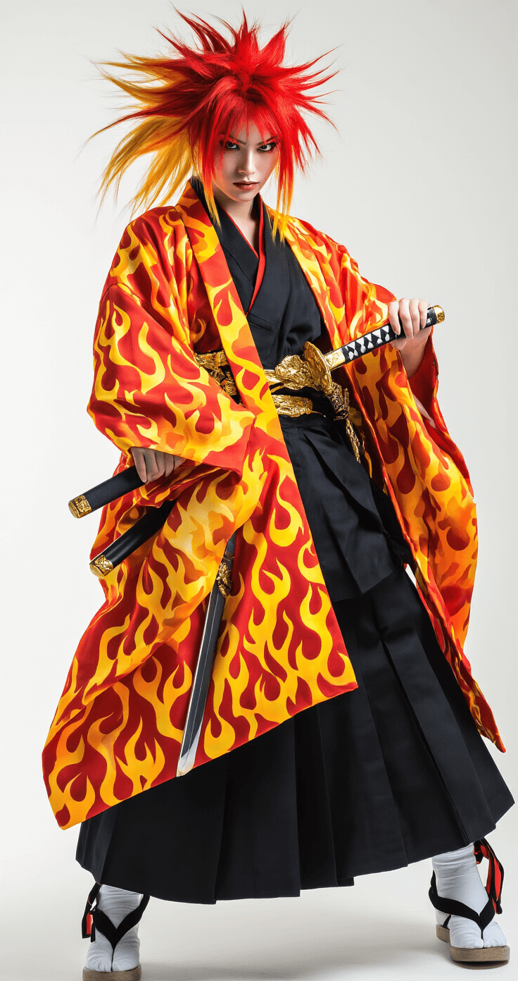 A model wearing a flame-patterned haori over a black uniform stands in a fashion studio, showcasing vibrant colors under professional lighting. The outfit features a fiery red-yellow gradient, complemented by golden accessories and a spiky blonde-red wig. A metallic sword prop adds to the dramatic energy, captured from a low angle to emphasize confidence and power.