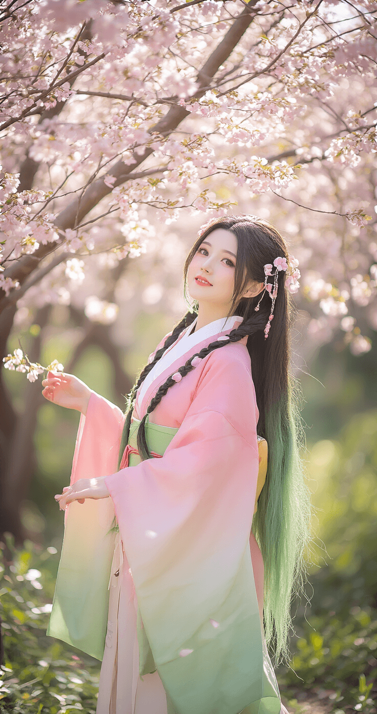 A woman wearing a pink-green gradient haori stands among flowering trees in an outdoor garden. Soft dappled sunlight filters through the leaves, creating a magical atmosphere. She has a long braided wig with pink-green ombre and heart-shaped accessories. The scene captures her joyful expression and movement in a dreamy, nature-inspired setting with a bokeh background in sakura pinks and spring greens.