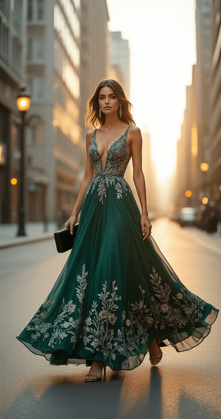 A confident woman in a floor-length emerald gown with silver and gold botanical embroidery walks elegantly at a city street corner during golden hour, carrying a black clutch and wearing nude strappy heels, as warm sunlight highlights the intricate beadwork and floral details of her dress against a backdrop of modern buildings.