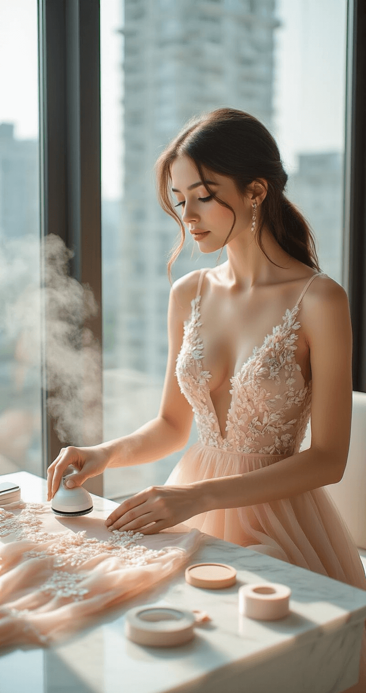 A woman at a white marble vanity steam-ironing a blush pink midi dress with floral embroidery and pearl details, surrounded by styling tools in a sunlit minimalist studio with floor-to-ceiling windows.