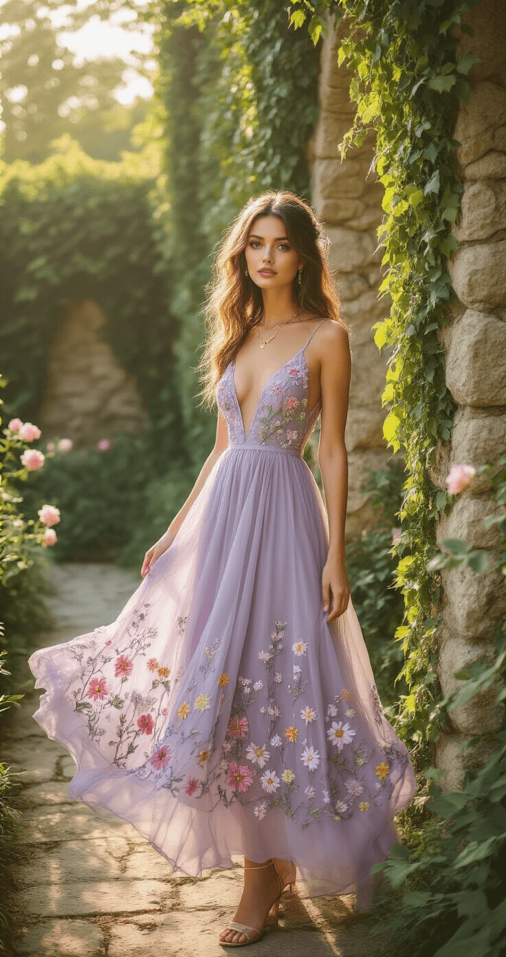 A woman in a lavender midi gown with wildflower embroidery twirls against ivy-covered stone walls in a garden terrace, illuminated by soft morning light. Delicate gold jewelry reflects the sunlight, while climbing roses frame the scene, creating a dreamy romantic atmosphere.