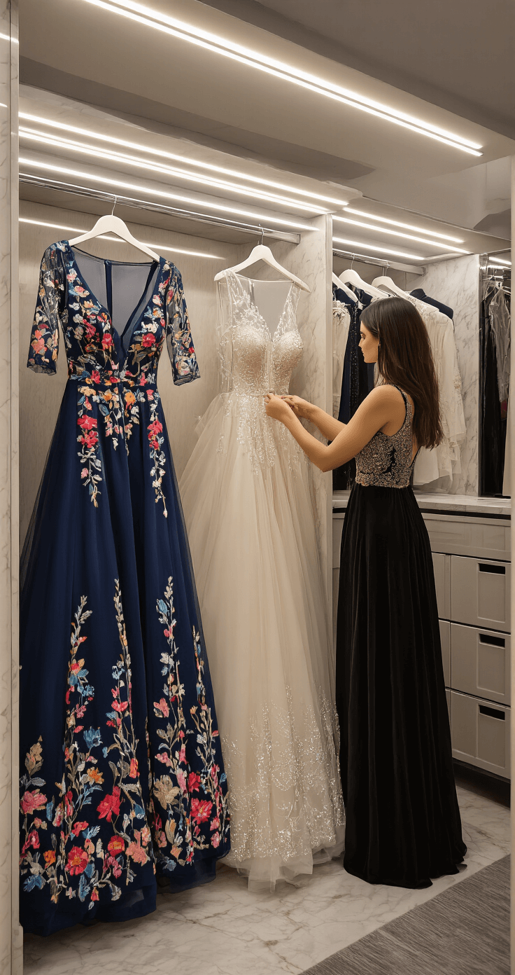 A modern walk-in closet featuring LED strip lighting and floor-to-ceiling mirrors, showcasing a woman arranging three embroidered gowns on padded hangers, with a jewelry organizer nearby and luxurious marble shelving and velvet-lined drawers.