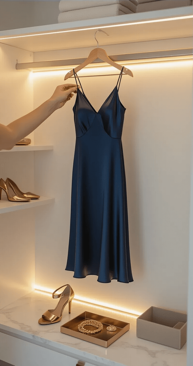 A woman stands in a minimalist walk-in closet, selecting accessories for a navy silk slip dress on a wooden hanger, with metallic bronze strappy heels below and gold jewelry neatly arranged in a tray, under soft ambient lighting from LED strips, surrounded by clean white shelving and marble countertops, highlighting luxurious textures and warm undertones.