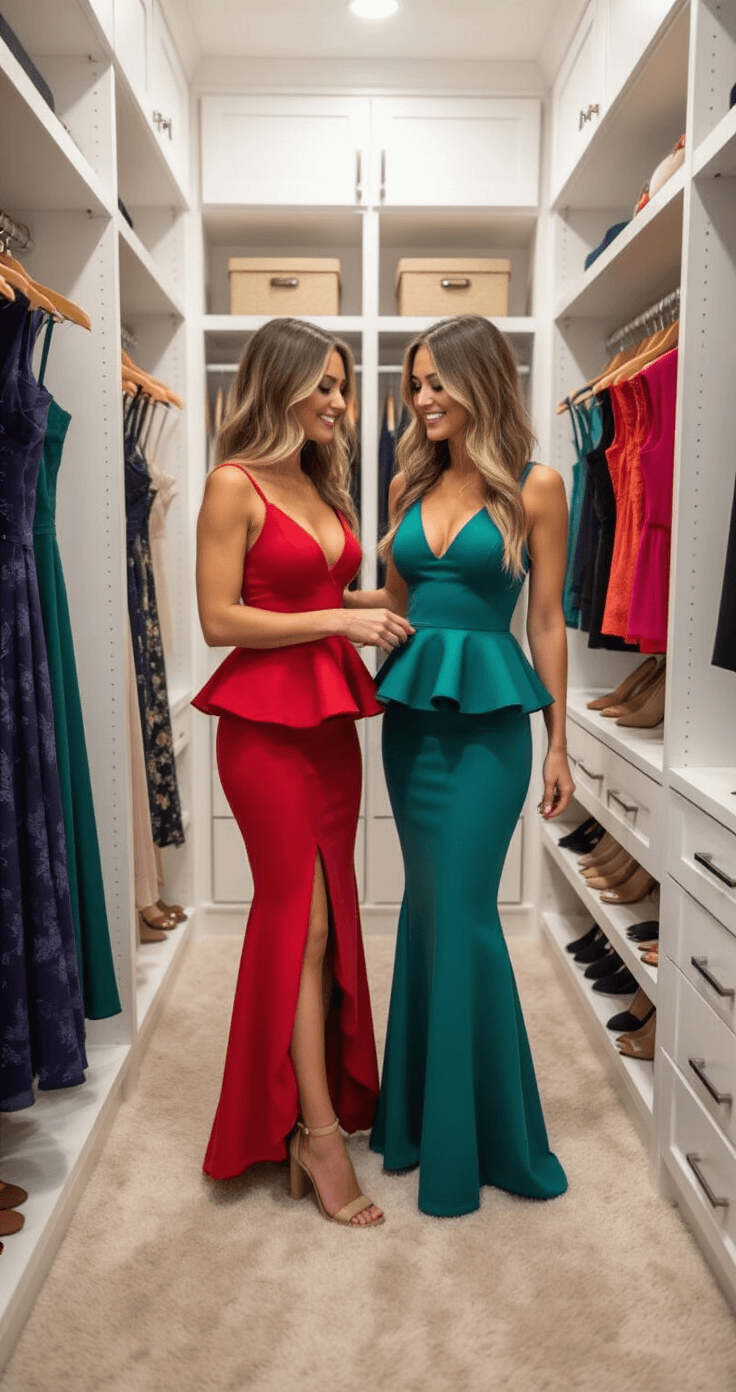 A woman in a bright walk-in closet tries on different peplum dresses, surrounded by jewel-toned options and scattered heels, capturing a candid styling moment in natural light.