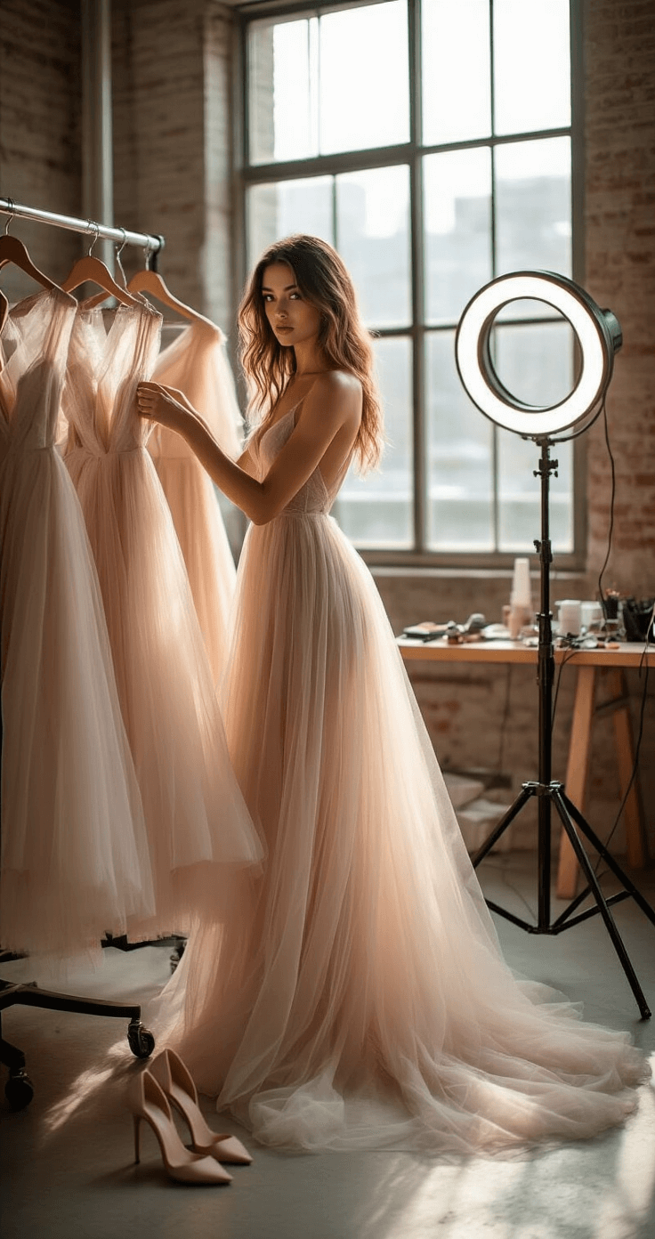 A model in a chic urban loft prepares a blush tulle dress on a garment rack, surrounded by styling tools like a ring light and nude heels, with soft afternoon light illuminating the delicate layers of the dress.