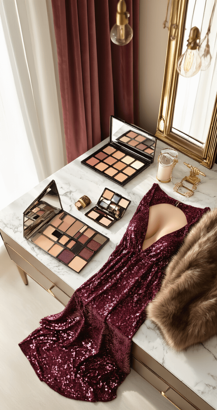 Elegant bedroom vanity arrangement in soft morning light, showcasing a burgundy sequin maxi gown, faux fur stole, nude undergarments, and gold jewelry, alongside a professional makeup palette with warm tones, all accented by rich velvet and smooth satin textures.