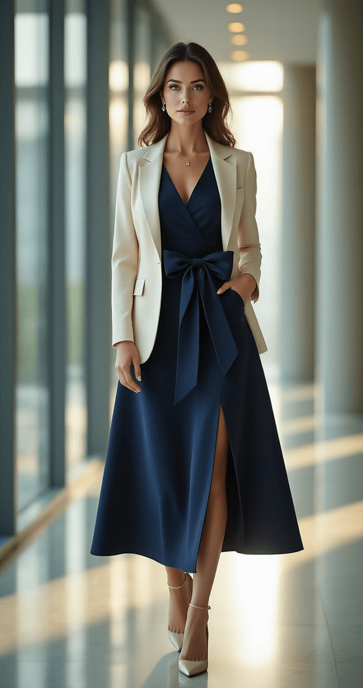 A professional woman in a navy midi pencil dress with a satin bow stands in a modern glass office hallway during golden hour, wearing a tailored cream blazer and nude pointed-toe pumps, illuminated by natural sunlight.