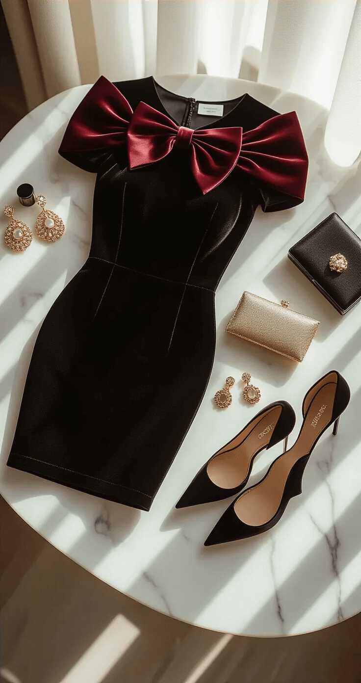 Close-up of a black velvet midi pencil dress with burgundy satin shoulder bow on a white marble vanity, surrounded by gold statement earrings, pointed-toe heels, and a delicate clutch, illuminated by soft morning light filtering through sheer curtains.