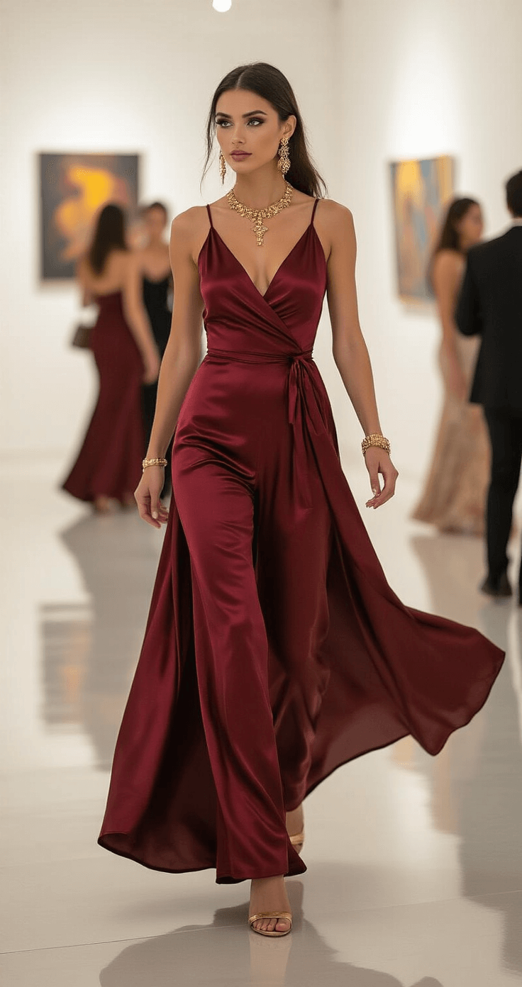 A woman in a burgundy satin wrap jumpsuit with gold jewelry moves gracefully at an upscale gallery opening, with elegantly dressed guests blurred in the background and dramatic evening lighting enhancing her silhouette.