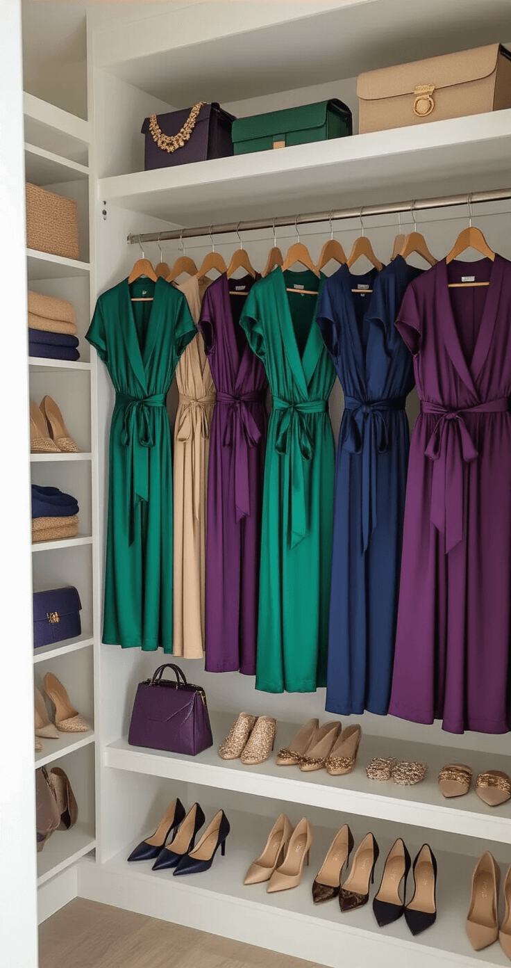 A woman selects between satin wrap jumpsuits in emerald, navy, and deep purple in a chic walk-in closet illuminated by bright afternoon light, showcasing organized accessories, shoes, and jewelry.
