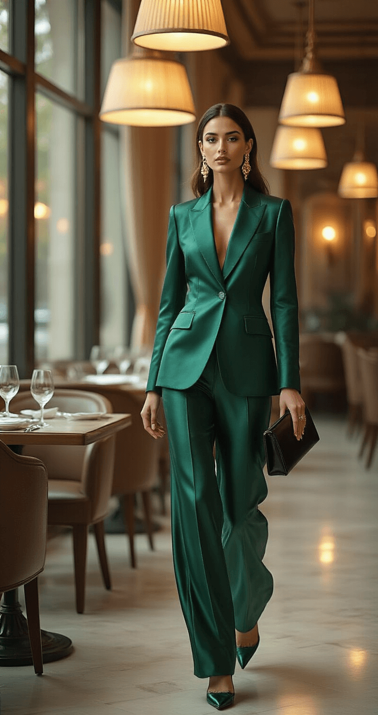 An elegant restaurant interior with soft ambient lighting features a model in an emerald blazer and matching silk trousers, walking gracefully between tables. She accessorizes with gold earrings and a structured black clutch, captured in a three-quarter angle with golden hour light filtering through large windows, enhancing the rich textures and sophisticated color palette.