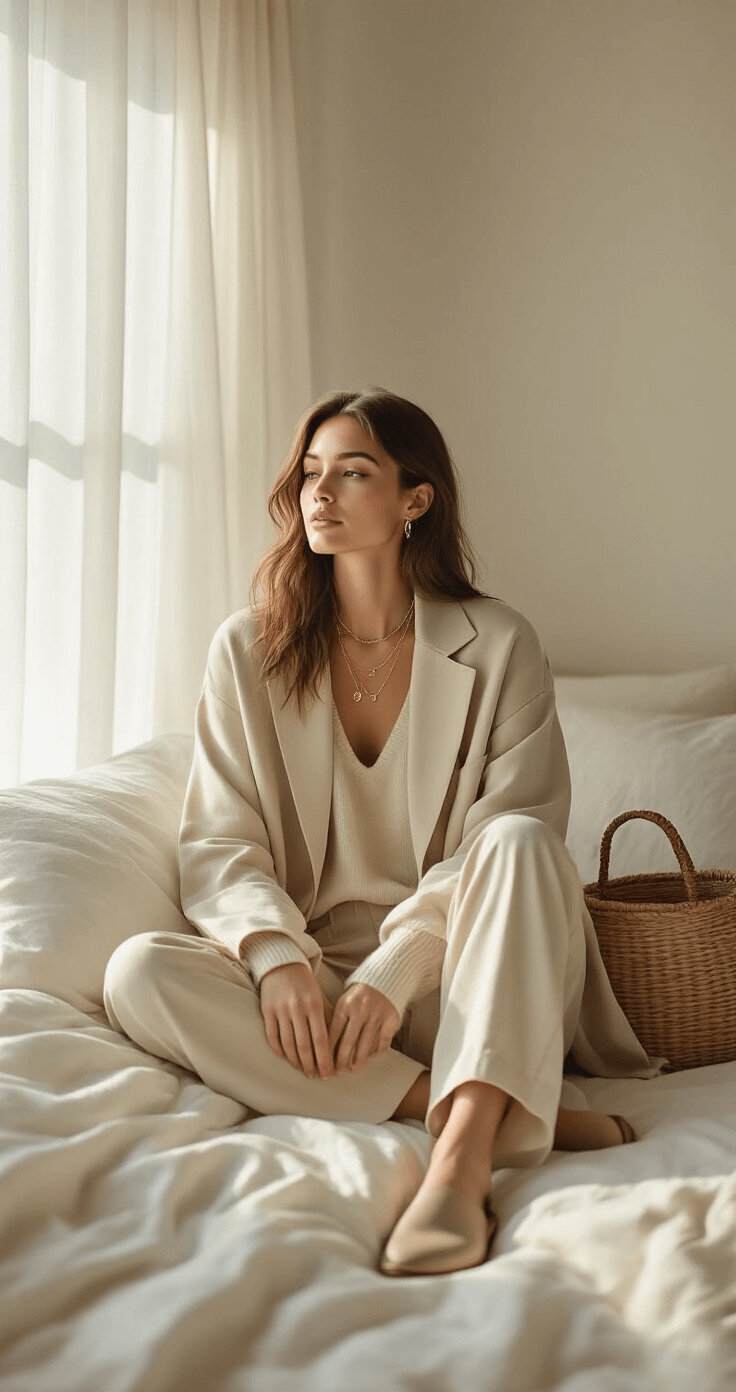 A cozy minimalist bedroom bathed in morning sunlight, featuring a model in an oversized beige blazer over a cream cashmere sweater and neutral silk trousers. The scene includes comfortable leather mules, delicate layered necklaces, and a woven basket bag on an unmade linen bed, highlighting soft textures and a serene neutral palette.