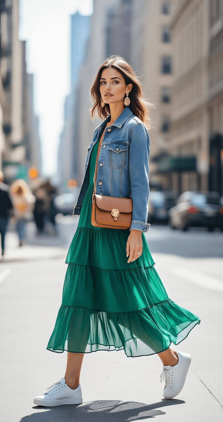 Chic urban street corner scene featuring a woman in an emerald tiered chiffon midi dress with a denim jacket and white sneakers, accessorized with statement gold earrings and a leather crossbody bag, captured in natural midday light against a modern city backdrop.