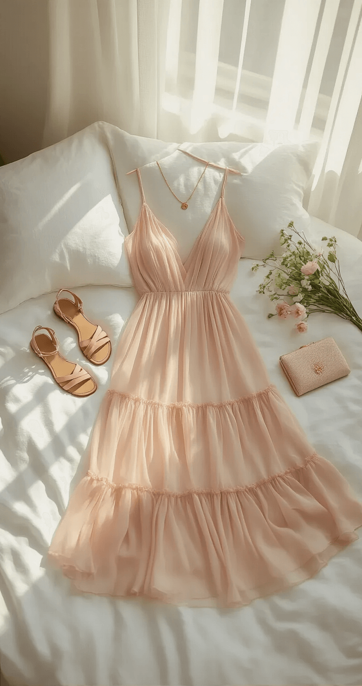 Minimalist flat lay of a tiered chiffon midi dress on white linen bedding, accompanied by strappy sandals, a delicate gold necklace, a small clutch, and fresh flowers, all illuminated by soft morning light in a neutral color palette with blush pink accents.
