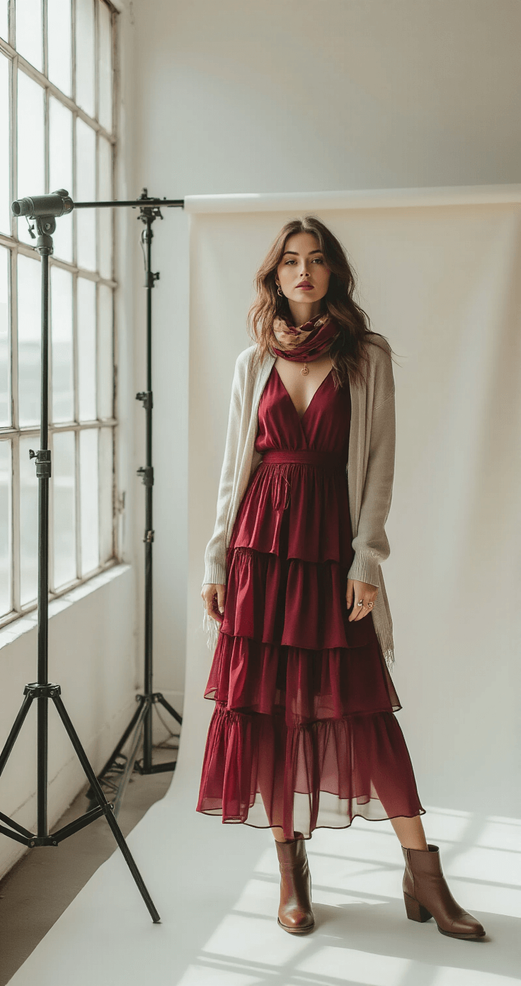 A woman poses in a burgundy tiered chiffon midi dress in an airy studio with soft ambient lighting from large windows. She accessorizes with ankle boots, a light cardigan, a scarf, and vintage gold jewelry. A professional DSLR camera and reflector enhance the natural light against a minimalist white backdrop, showcasing a sophisticated autumn color palette.