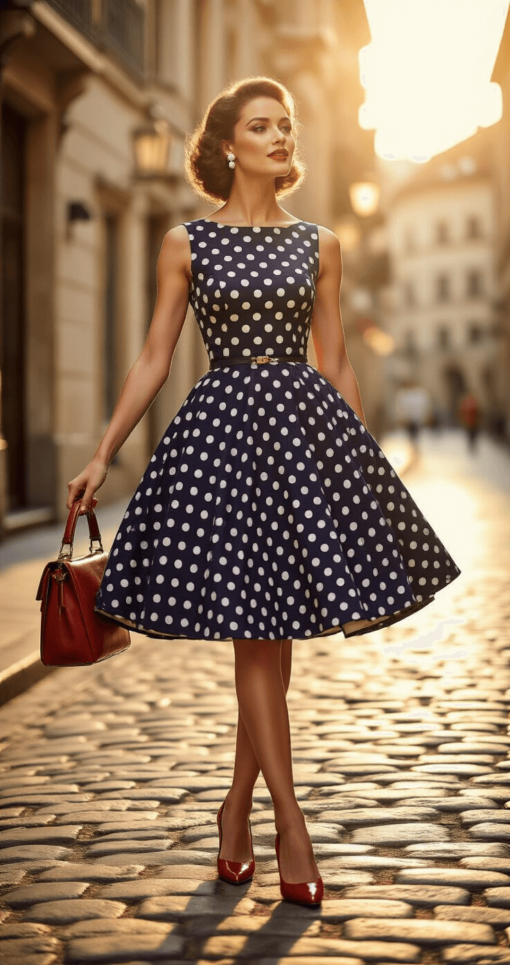 Woman in a navy polka dot swing dress spinning joyfully on cobblestone at golden hour, showcasing a fitted bodice and flowing circle skirt, complemented by retro red pumps, a vintage leather handbag, and pearl earrings. The low-angle shot captures warm sunlight, creating romantic shadows and emphasizing her confident, timeless 1950s aesthetic.