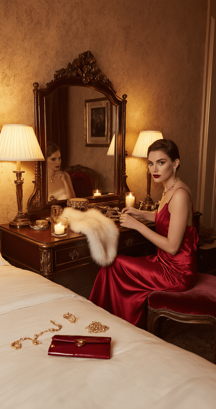 A woman in a red satin dress sits at an antique vanity in a luxurious bedroom, applying makeup with warm evening lighting from lamps and candles. Accessories like a faux fur wrap, vintage gold jewelry, and a patent leather clutch are artfully arranged nearby. The rich textures and deep red, gold, and burgundy color palette enhance the sophisticated romantic atmosphere filled with vintage glamour.